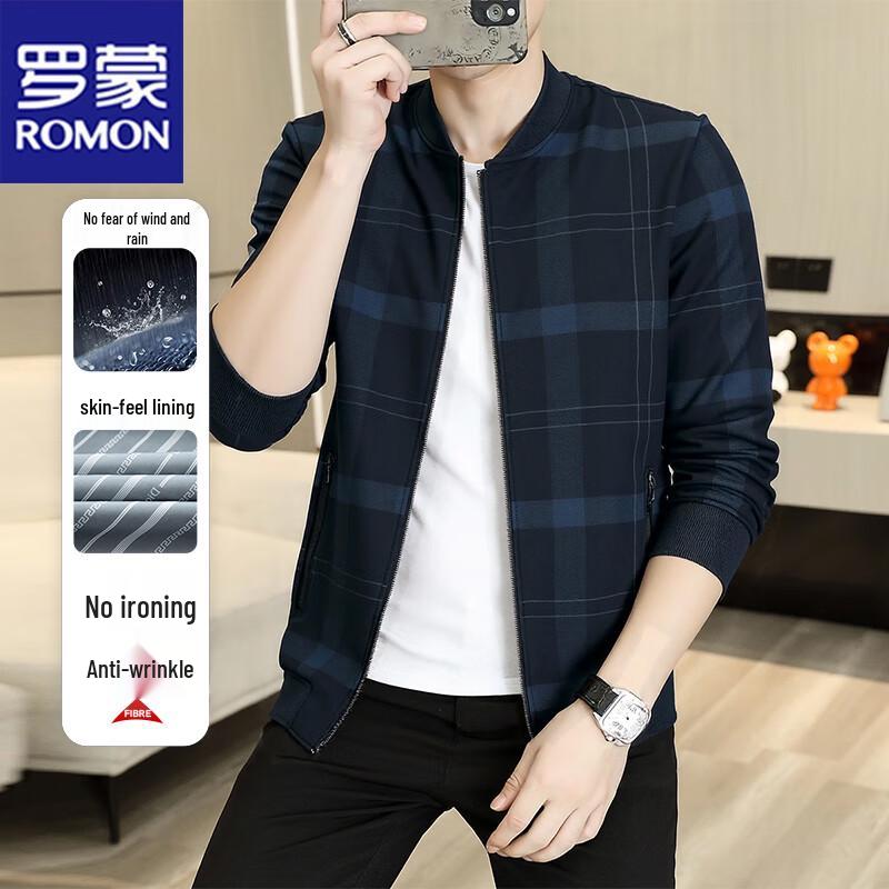 ROMON Men's Plaid Stand-Up Collar Jacket