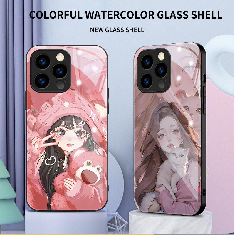 Закаленный стеклянный корпус, милый, милый, с рисунком девушки, защитный чехол, мягкий чехол для Xiaomi Redmi