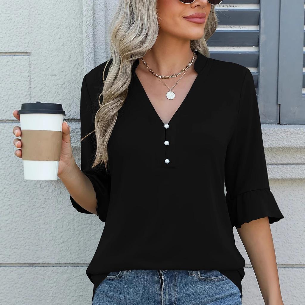 Женские футболки с V-образным вырезом, однотонные, модные, со средним рукавом