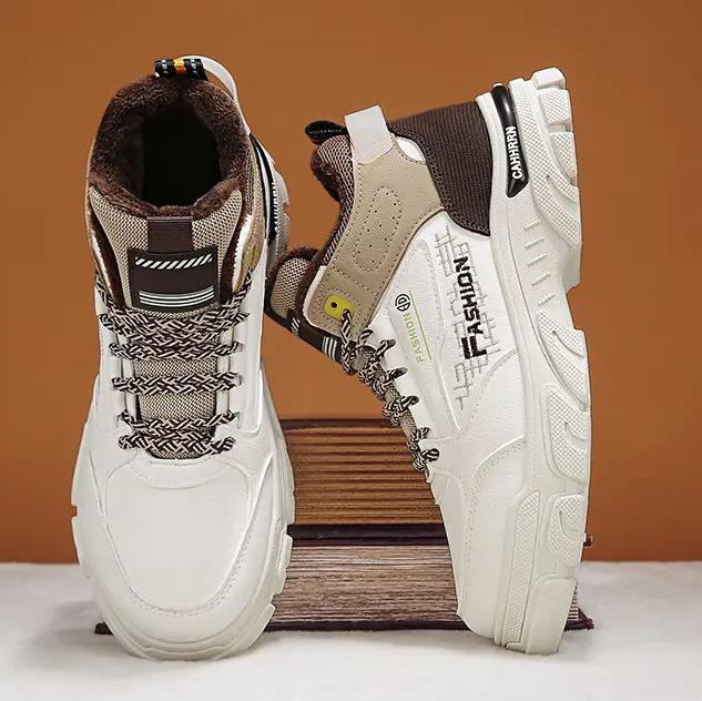 Высокие мужские туфли 2024 года, новые зимние бархатные теплые спортивные туфли из хлопка, мужские модные кроссовки для папы на толстой подошве