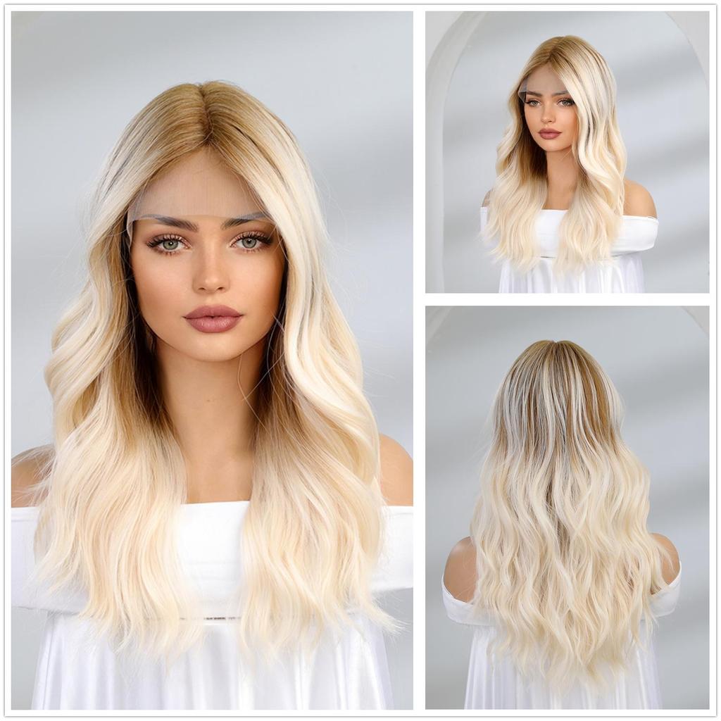 ALAN EATON Синтетический передний парик с кружевом Длинные волнистые парики Ombre Grey to Blonde Ежедневно для женщин Высокая плотность Термостойкие волосы