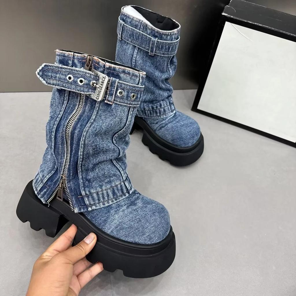 Designer Denim Women Ankle Boots Fashion Elegant Side Zippers Belt Buckle Shoes Thick Heel Women'S Morder Short Booties