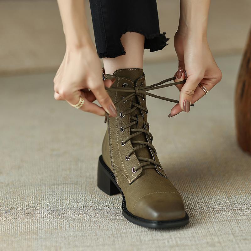 2024 New Cross-Tied Women Short Boots Autumn Winter Genuine Leather Office Lady Square Toe Side Zipper Shoes Woman Ankle Boots