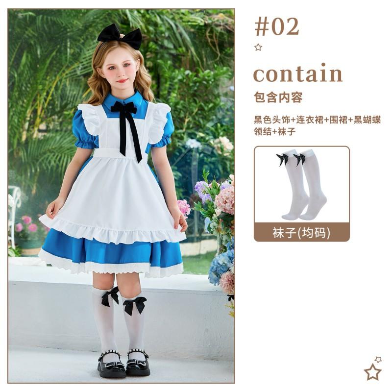 Alice In Wonderland Cosplay Costume Girls - Sweet Maid Dress With Apron Bow Tie Headband Short Sleeve Party Outfit