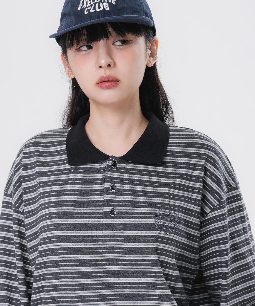ALVINCLO Hazel 3-Button Striped Collared Long Sleeve T-Shirt Avt950 (2 Colors)