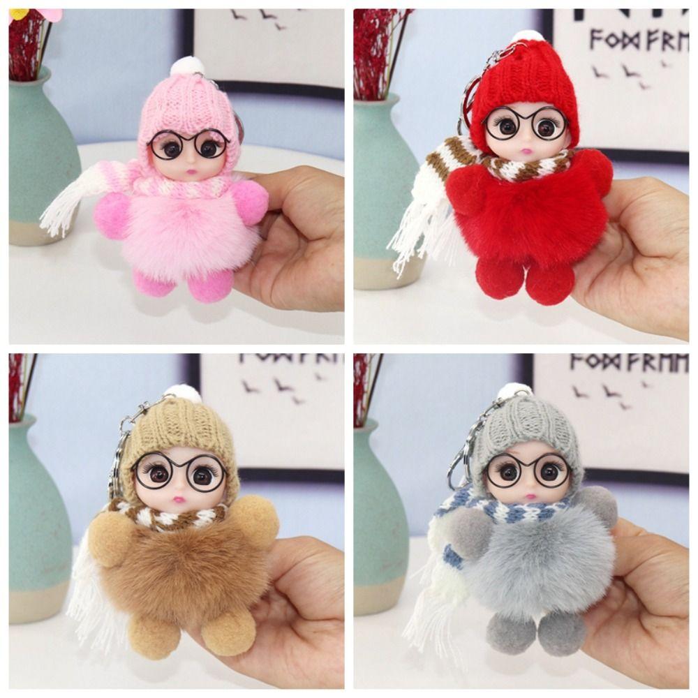 Baby Doll Pompom Keychain Eye Glass Doll Fluffy Doll Keychain Fur Ball Keyring  Jewelry Gift