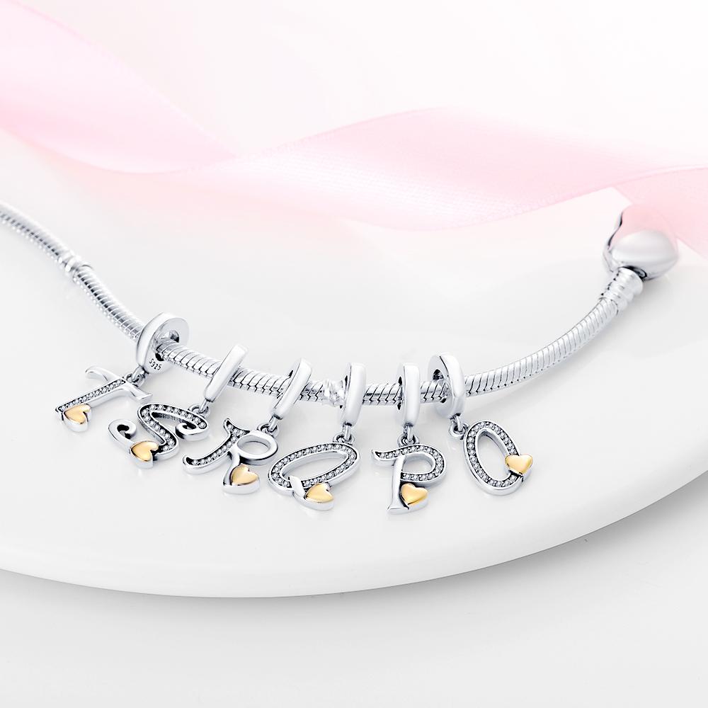 Fit 3mm 925 Bracelets 925 Silver Color 26 Gold Heart Zircon Letter Charms Beads DIY Creative Birthday Jewelry Gifts
