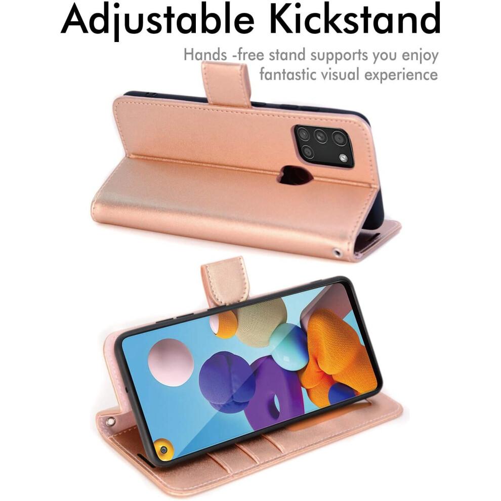 Galaxy A21s Leather Wallet Case, Flip Protective Case Cover with Wallet Card Holder, Stand and Wrist Strap - Rose Gold