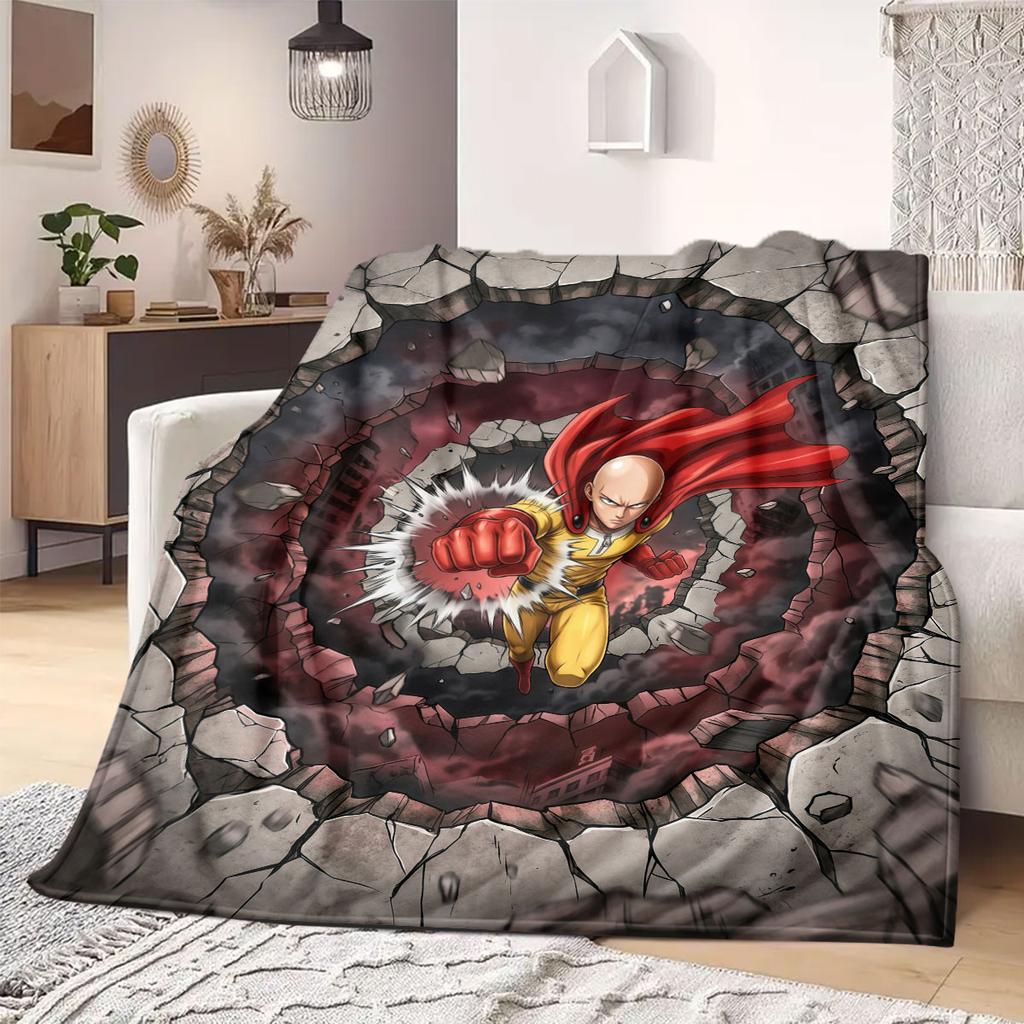 One Punch Man Smart Print Flannel Blanket, Cartoon Decorative Pattern, Soft and Warm for Bed and Couch, Travel Blanket_LIAN