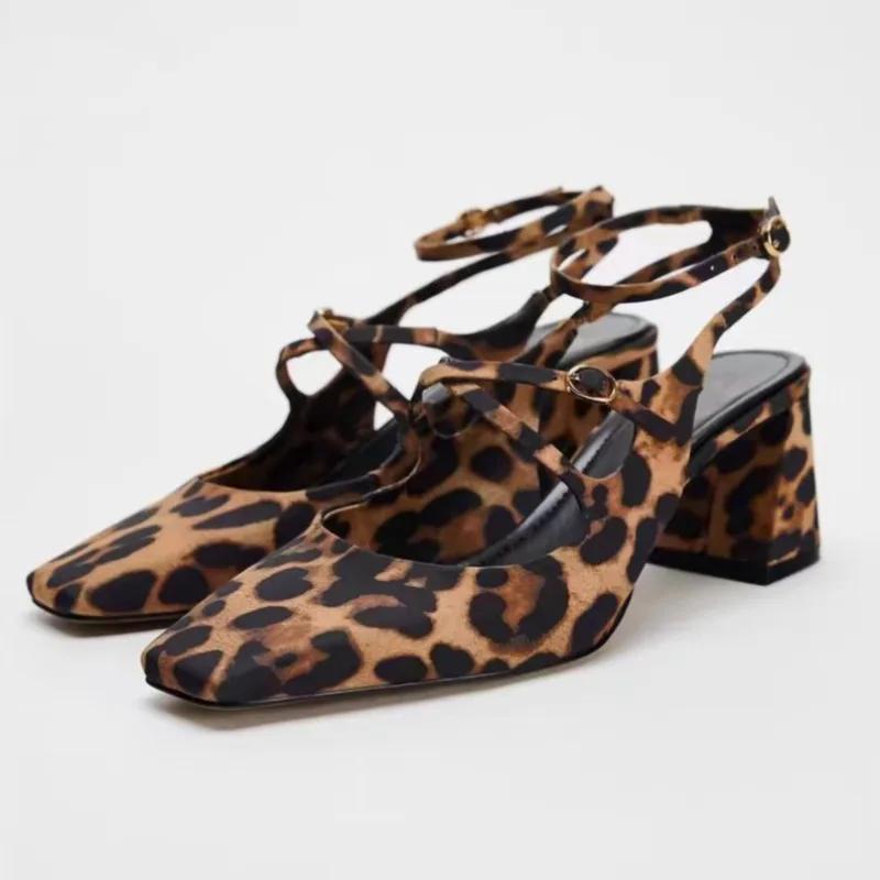 Весенние туфли на высоком каблуке женские туфли Мэри Джейн в стиле ретро с леопардовым принтом, сексуальные с ремешком на щиколотке, с открытой пяткой, роскошные дизайнерские женские туфли