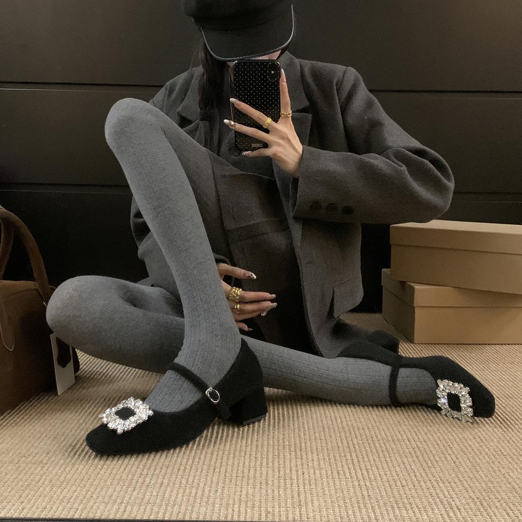 Толстый каблук с квадратной головкой, серые одинарные туфли со стразами, женские, новинка 2024 года, осенне-зимние туфли Mary Jane Mao