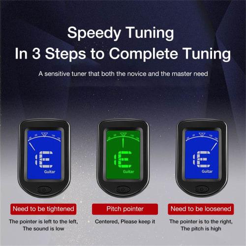 Portable and Compact Clip-on Guitar Tuner, Multifunctional Electronic Tuner with LCD Display, Mini Size for Acoustic Guitar, Ukulele, Violin, Bass, an