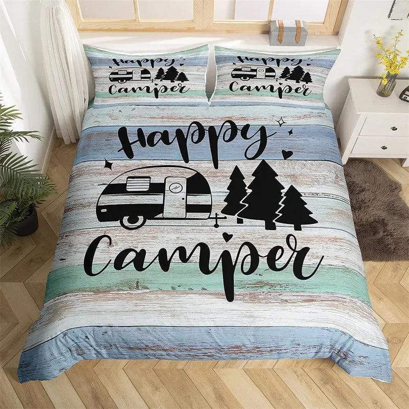 Rustic Farmhouse Style Duvet Cover Set 2/3 Pcs Old Barn Door Comforter Cover Happy Camper Print Black Sketch Drawing Quilt Cover