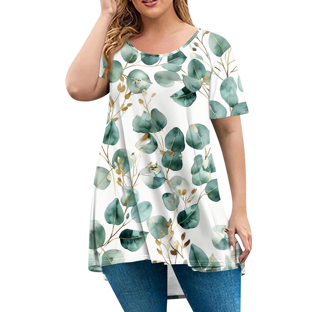 Женская мода большого размера с круглым вырезом и коротким рукавом, повседневный свободный пуловер с принтом