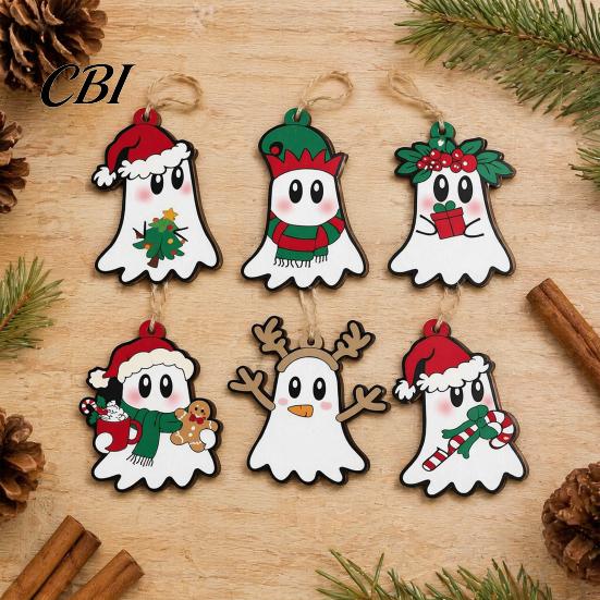 Halloween Christmas Hybrid Decor Ghost Ornaments, Wooden Tree Decorations with Santa Hats Cute Holiday Window Gothic Skull, Hanging Xmas Winter