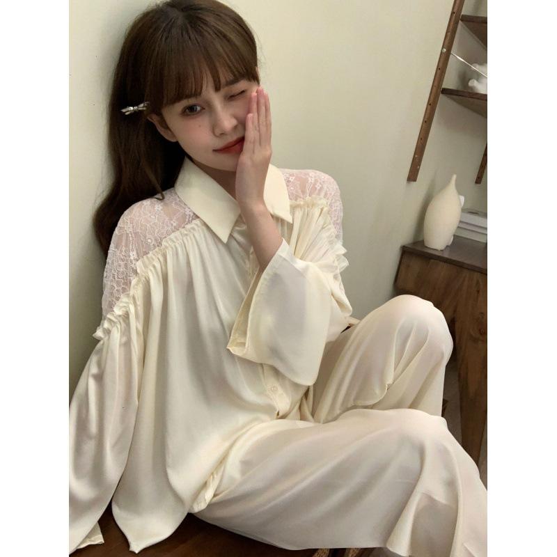 Sexy pajamas women's spring and summer ice silk pure desire wind with chest pad can be worn outside shirt suspender four-piece set loungewear