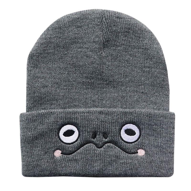 New men's and women's autumn and winter trendy cartoon beanie with sad frog eyes embroidery, warm knitted pullover hat