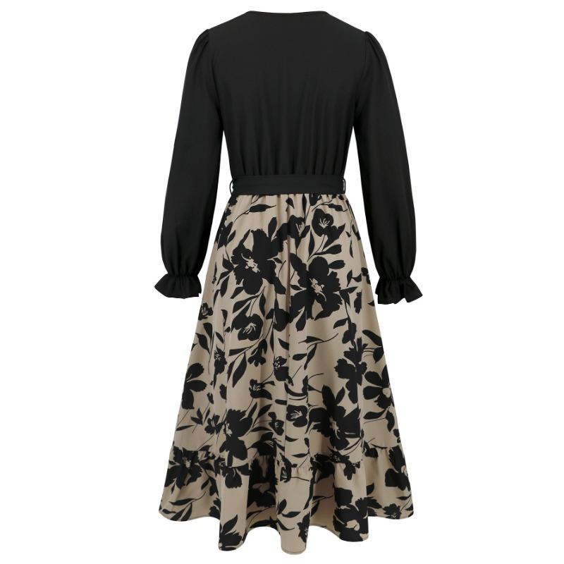 Весенне-осеннее женское платье трапециевидной формы с v-образным вырезом и длинным рукавом с принтом