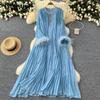 Elegant Dress Women's Autumn Heavy Diamante Round Neck Loose Fur Patchwork Pleated Long Dresses