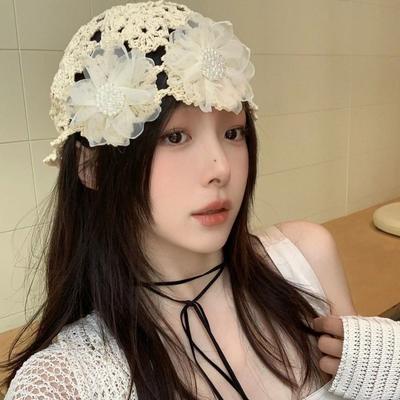 Выдолбленный берет-кепка с цветами Skullies Hat Дышащая вязаная шапка для женщин