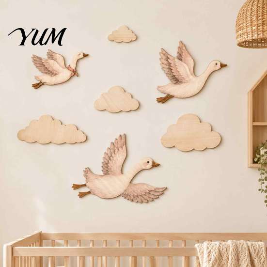 DIY Wall Stickers for Baby Room 7Pcs/Set Wooden Flying Goose and Cloud Art Decor Nursery, Self-Adhesive Bohemian Rustic Wood Bedroom Decoration