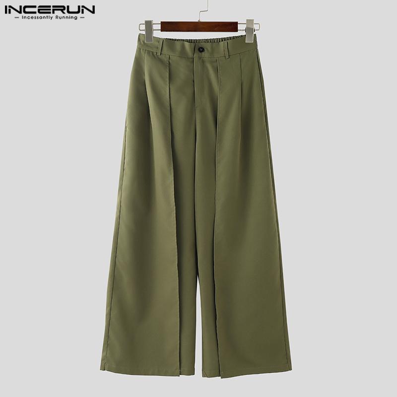 INCERUN Мужские брюки на молнии, эластичные, с высокой талией, повседневные длинные брюки с широкими штанинами