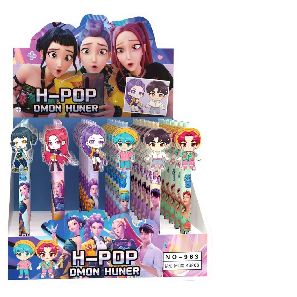 Kawaii Kpop Demon Hunters Gel Pen 0.5mm Black Ink Retractable Pen with Acrylic Patch Cute Aesthetic School Supplies for Students