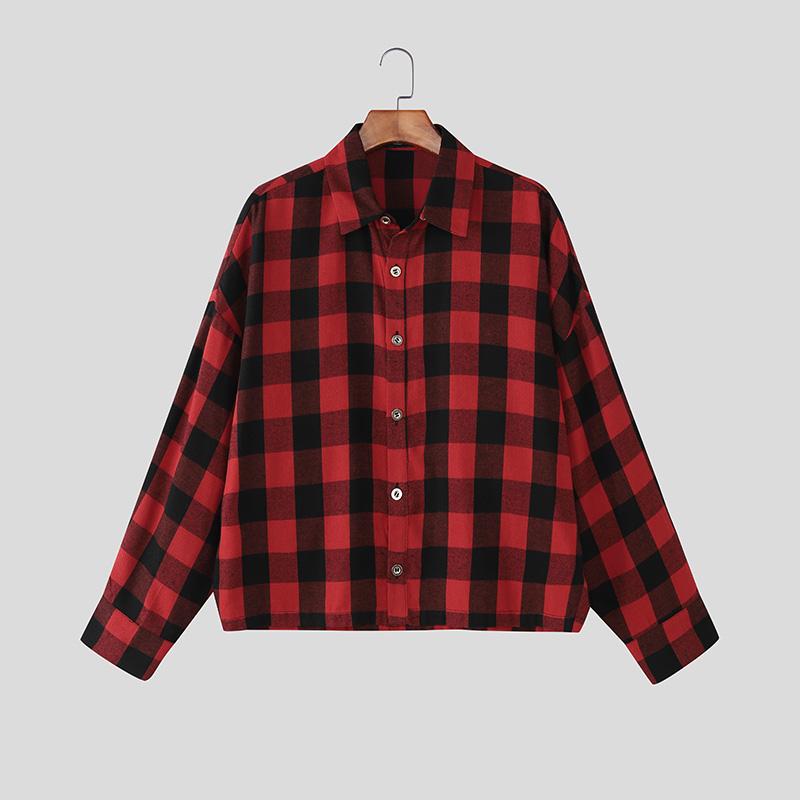 INCERUN S-XXXXXL Мужские рубашки с отложным воротником, длинным рукавом, клетчатые, свободного кроя, в стиле кэжуал