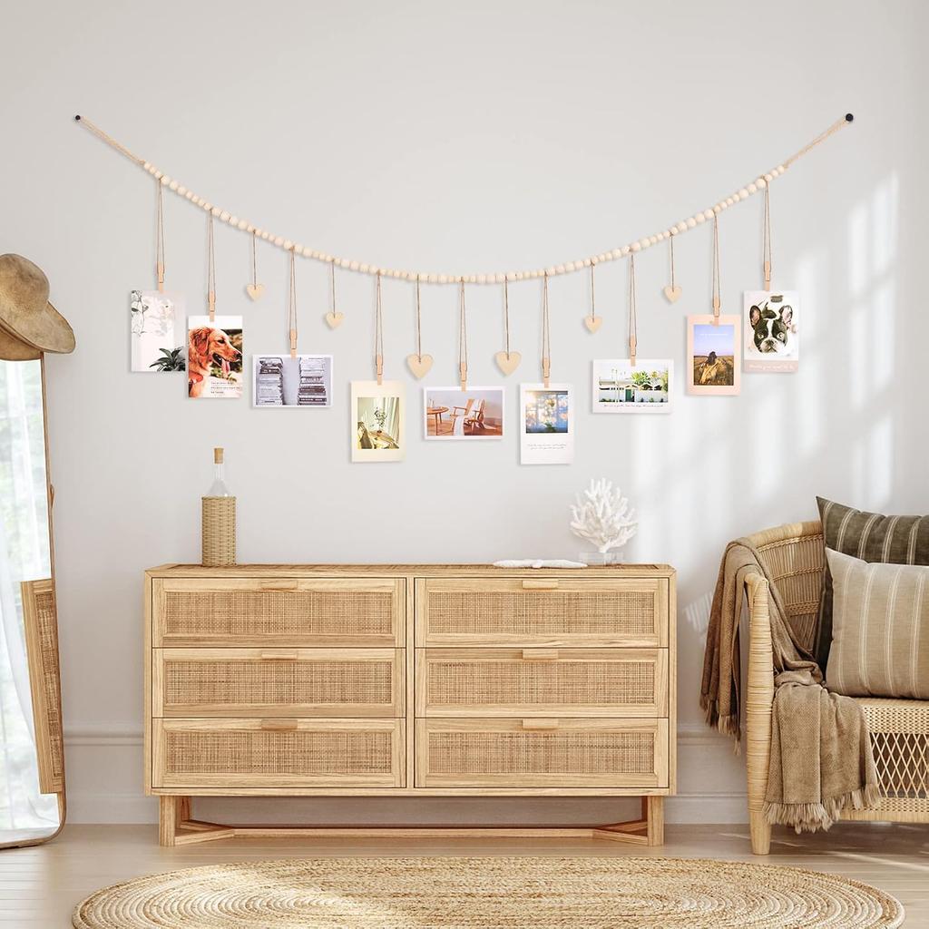 KLOGTSIND Hanging Photo Display with Clips, 9 Wood Clips, Boho Picture Frames Collage Wall Decor, Photo Hanger for Office Cubicle Decor, Kids Art