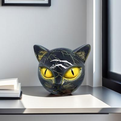 Фигурка кошачьей головы Черный кот Камень Ручная резьба Целебный камень Смола Кошачье украшение