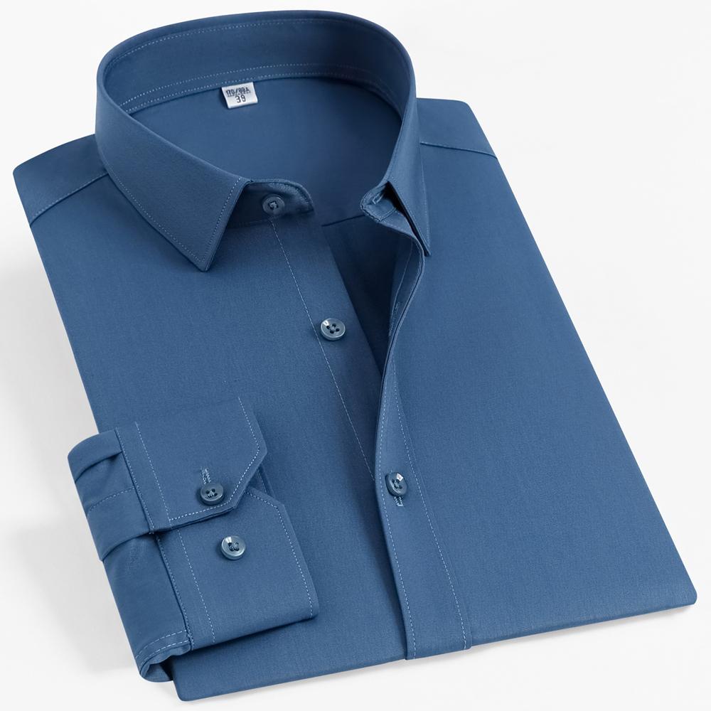 Men's 4-Way Stretch Long Sleeve Wrinkle-Free Dress Shirt without Pocket, Formal Business Solid Color Button-up Menswear Clothing