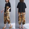 2 шт./компл., женская футболка, брюки, комплект с круглым вырезом, короткими рукавами, лоскутный топ с принтом, эластичная талия, широкие брюки, брюки больших размеров, повседневная повседневная одежда, наряд