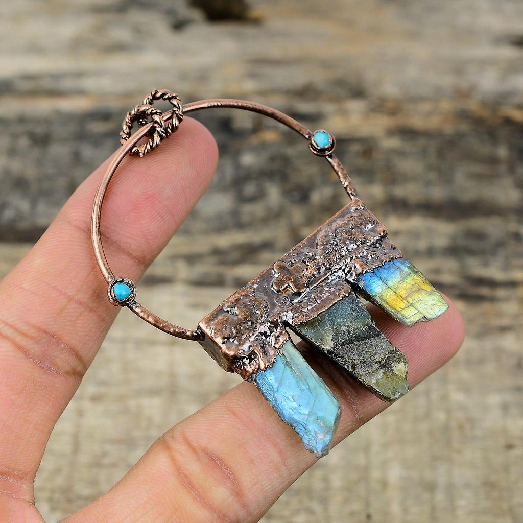 Кулон из необработанного драгоценного камня лабрадорит, гальванопластическая медная подвеска, бирюзовая подвеска «Спящая красавица», медные украшения ручной работы, подарки на помолвку