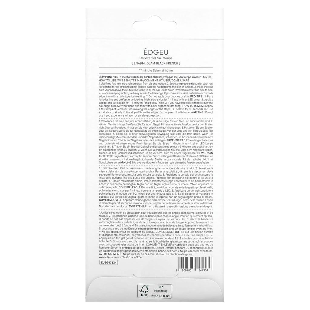 Perfect Gel Nail Wrap, Ena 914 Glam Black French, 19 Piece Set