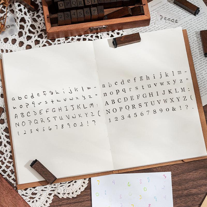 Набор декоративных штампов в стиле ретро с английскими буквами и цифрами в деревянной коробке, 30/42/70 штук