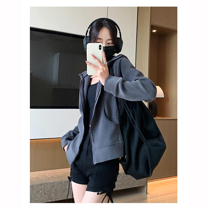 Женская спортивная куртка на молнии с капюшоном, осенне-зимняя, на флисовой подкладке, утолщенная, худи, однотонная, повседневная, свободная, кардиган