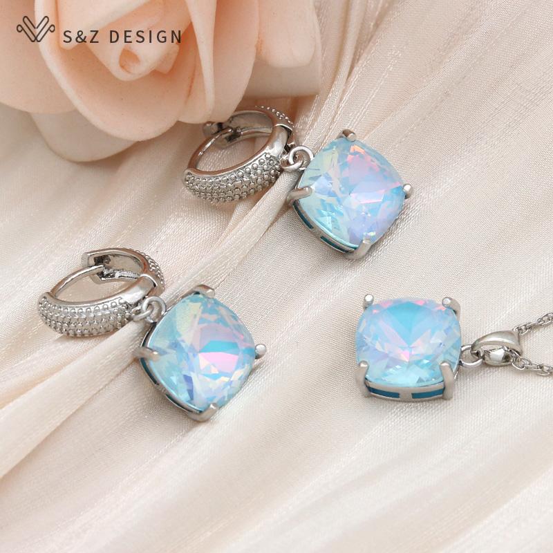 Модные серьги цвета розового золота с квадратными кристаллами, комплекты ювелирных изделий для женщин, свадебное ожерелье с подвеской, подарок