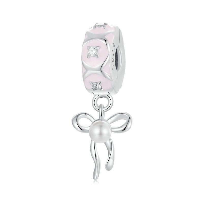 WOSTU 925 Silver Princess Pink Bear Bead Ballet Girl Charm Shoe Bow Pendant Saftey Chain Fit Bracelet Neckalce DIY Gift