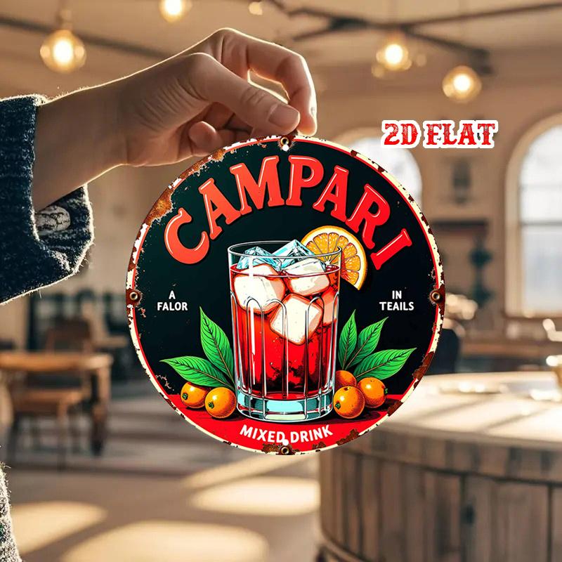 D Flat pc CampariInspired Round Aluminum Sign Rustic Metal Wall Art with Orange Slice Glassware Design x Inch