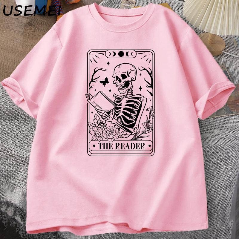 The Reader Tarot Card TShirt Skeleton Reading T Shirt Summer Cotton Book Lover Bookish Tshirt Unisex Women Unisex Oversized Tees