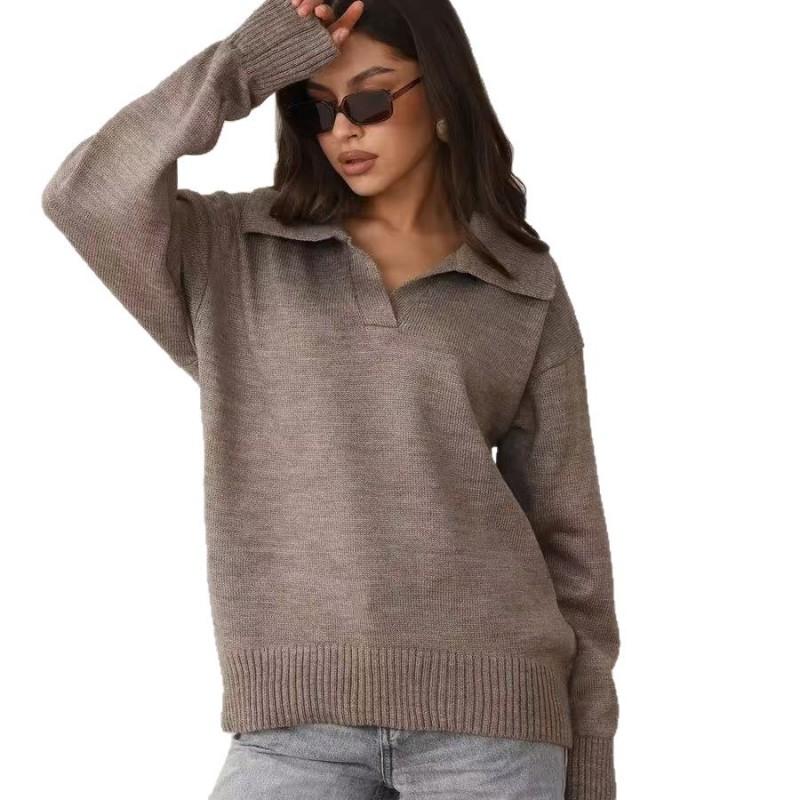 Womens Loose Fit Polo Collar Knit Sweater Winter Casual Pullover Soft Wool Blend Top