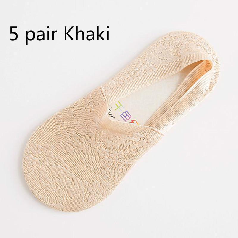 5 Pairs Women Lace Socks Boat Invisible Anti-Skid Ankle Socks Low Cut No-show Non-Slip Liner Slipper Socks