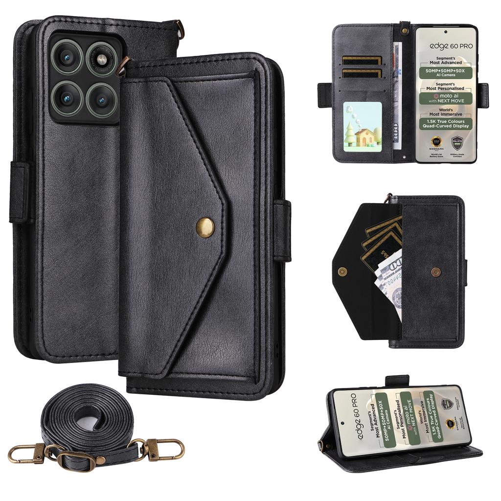 For Motorola Edge 60 Pro 5G Leather Case Magnetic Closure Wallet Stand Phone Cover with Crossbody Strap