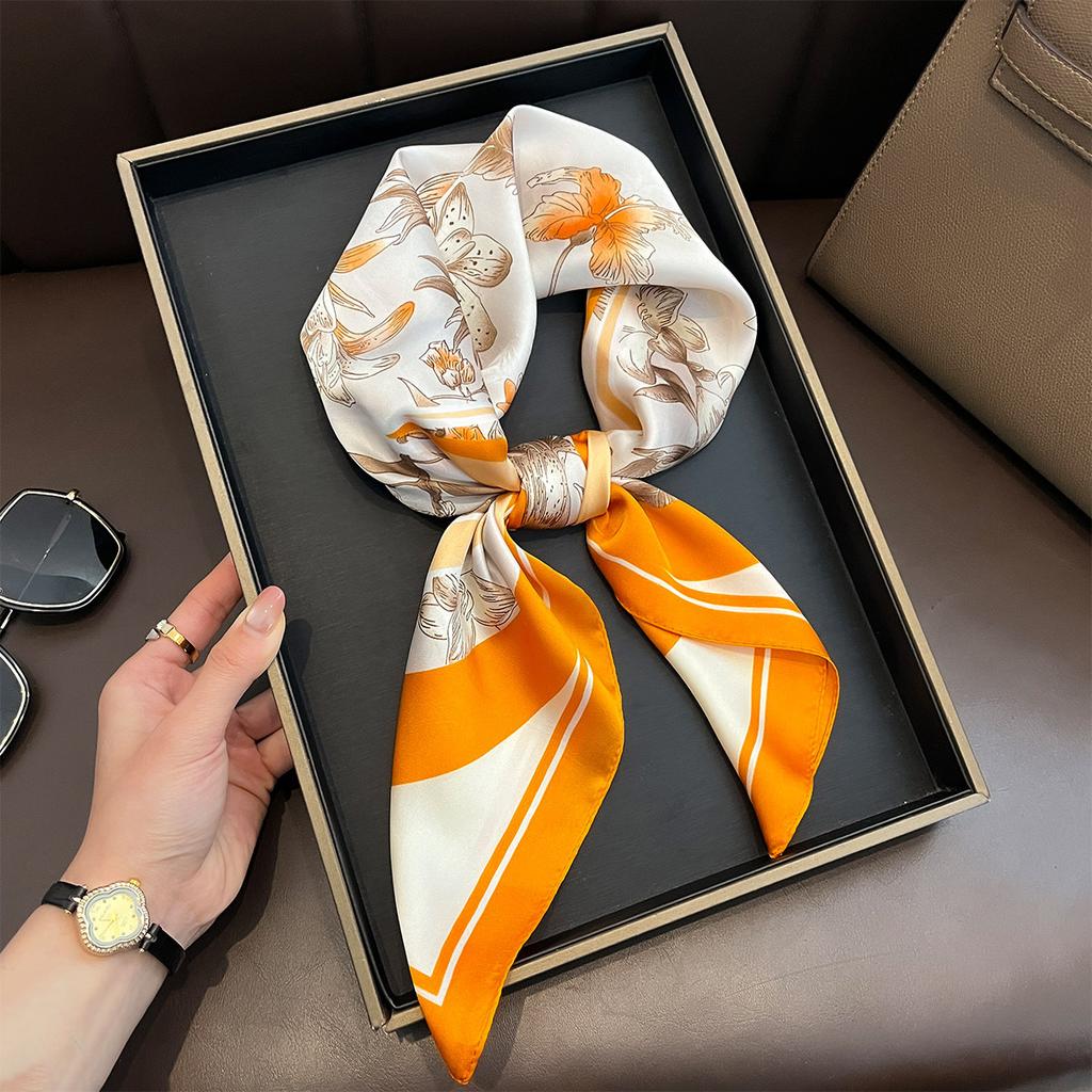 70*70cm Floral Print Decorate Silk Square Scarfs for Women Neck Ties Fashion Bag Ribbions Femamle Hijab Sunscreen Shawl New