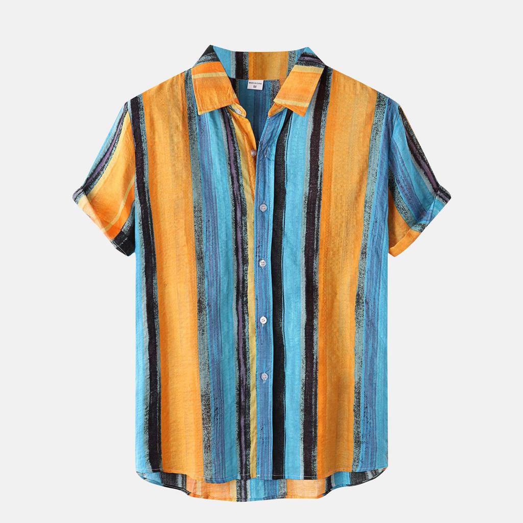Men's Summer Vacation Contrast Color Striped Short Sleeve Top Loose Casual Color Lapel Shirt