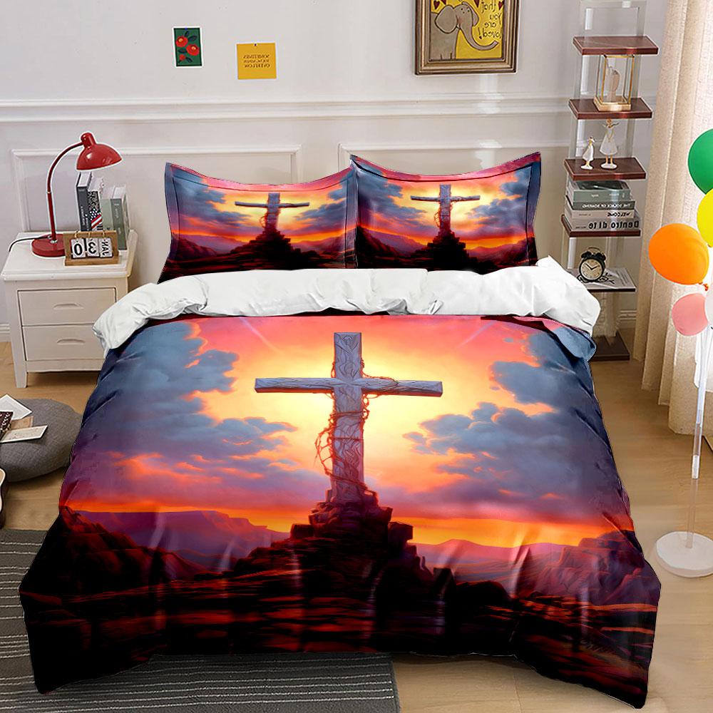 Cross with sunset background. Bedding sets Duvet cover sets Duvet covers Pillowcases(1*Duvet Cover 2*Pillowcases without duvet insert)