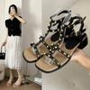 Rivet Sandals Women's 2024 Summer Temperament Fashion One-word Belt Mid-heel   High-heeled  Open Toe Shoes