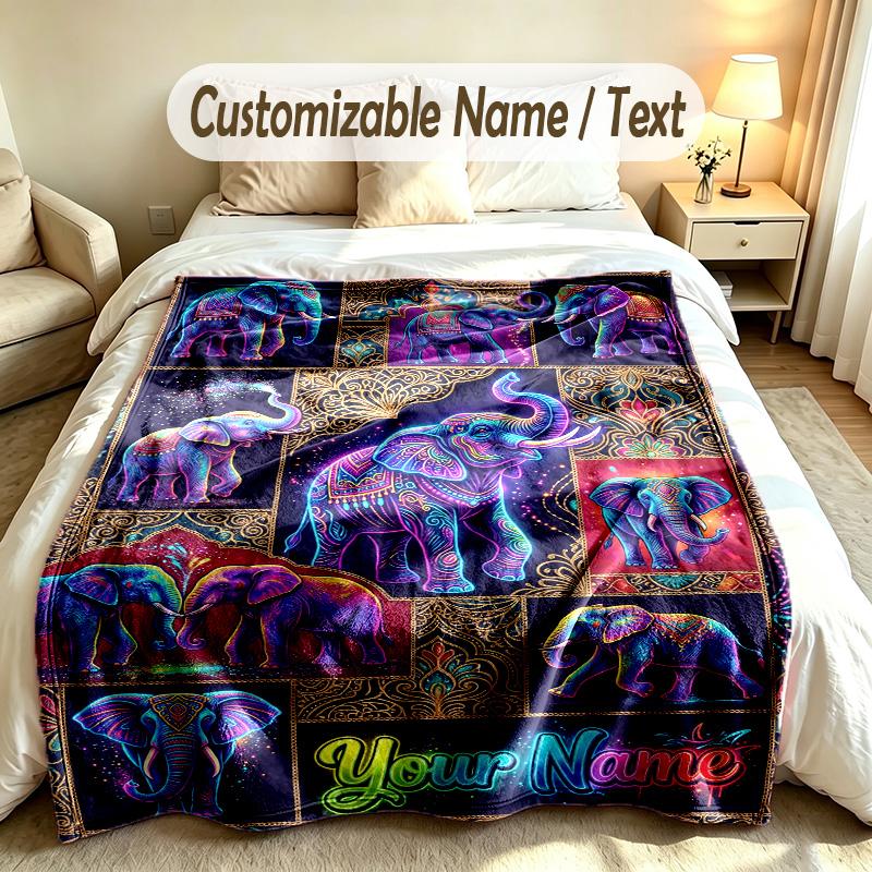 Elephant Theme Soft Blanket Personalized Custom Name Text Print Warm Blanket Home Sofa Bedroom Decor
