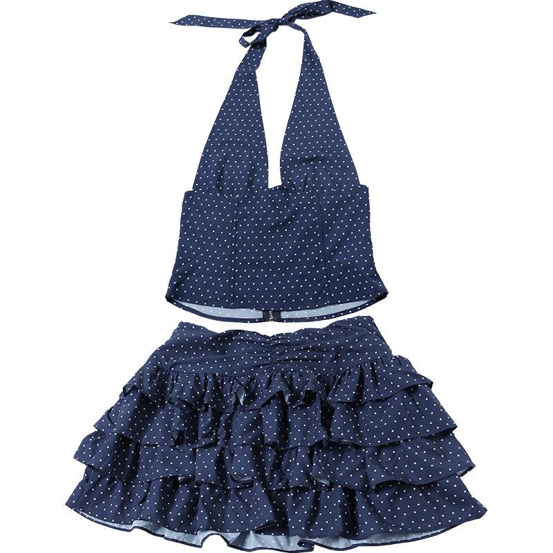 European and American Spring Women's Clothing Pure Desire Sexy Hanging Neck Vest Slim Fit Polka Dot Wrapped Hip Short Skirt Set