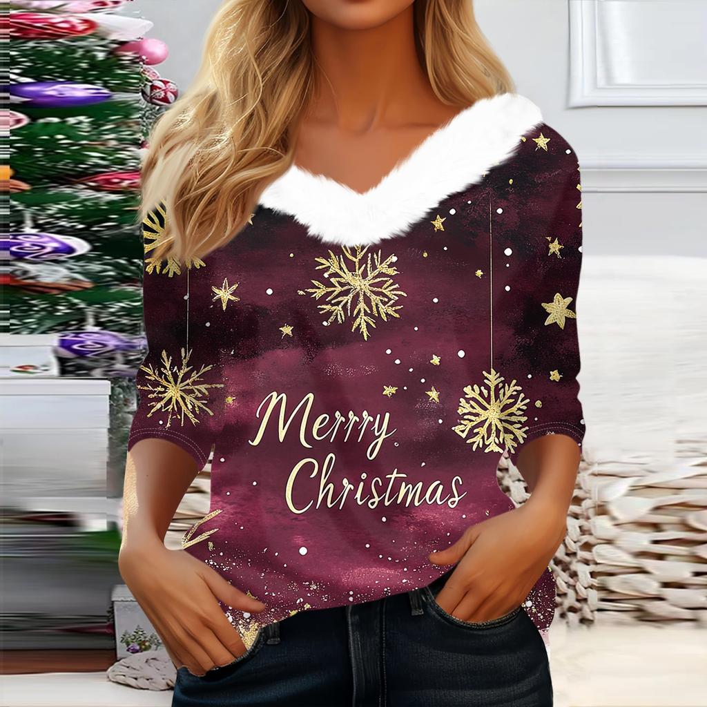 Рубашки с рукавом 3/4 для женщин, рождественские футболки с графическим принтом, блузки, повседневные базовые топы на пуговицах больших размеров, пуловеры